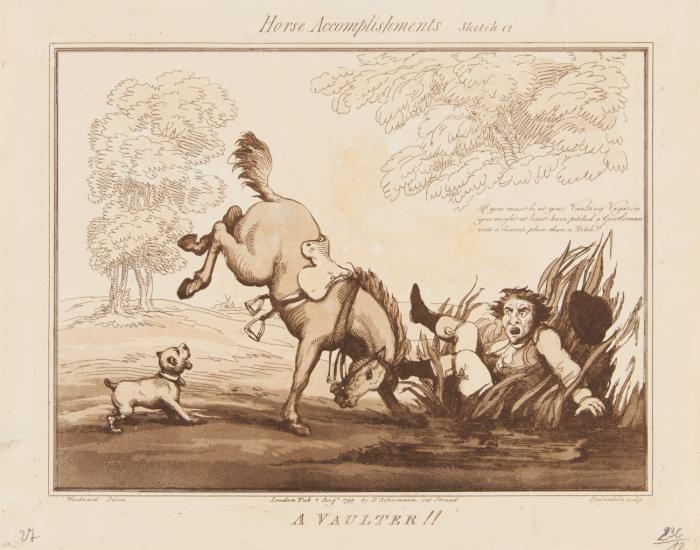 Karikaturen. – Rowlandson, Thomas (nach George Moutard Woodward). Horse Accomplishments. Publ. 1st Aug 1799, by R. Ackermann.