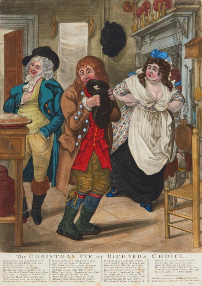 Karikaturen. – Sammlung von 7 Blatt bei Haines & Son 1795. Handkolorierte Mezzotinten auf Bütten. Plattengröße je ca. 35,5 x 26,8 cm, mit winzigen Rändchen.
 
Tom Truelove's Knell. / The Press-Gang or Cruel Separation. / Homes's Home. / The Sportsman in Style. / The Veteran's. / The Christmas Pie or Richards Choice Plate 1 & 2. 
.