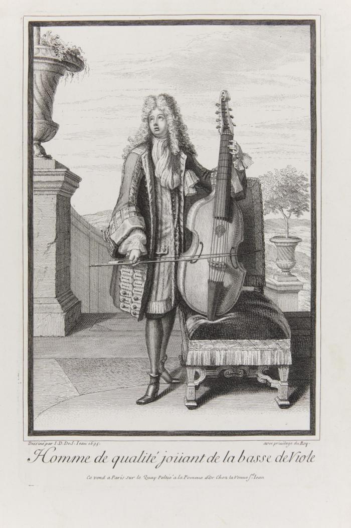 Musik. Homme de qualité jouant de la basse de Viole (Bassgambenspieler) 1695 / Homme de Qualité jouant du Tympanum (Tympanon- bzw. Hackbrettspieler) 1697.
2 Kupferstiche nach J.D. de S. Jean bzw. von Guérard Nicolas, bei Antoine Trouvain.