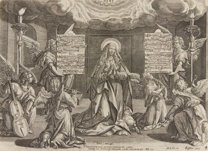 Musik. – Die Jungfrau Maria, umgeben von Engel-Orchester u.a. Notenblätter mit dem Magnificat haltend.
Kupferstich nach Maarten de Vos, bei C.J. Visscher. Gegenseitige Kopie nach dem Stich von Johannes Sadeler.
