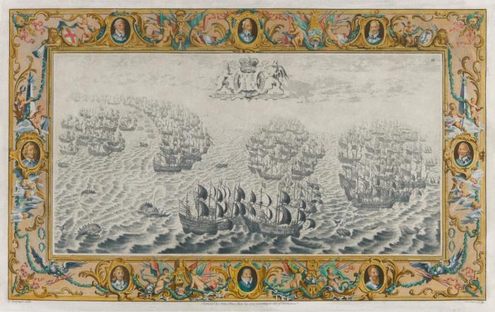 Seeschlacht. - Die spanische Armada dringt in den Ärmelkanal ein. / Erstes Zusammentreffen der englischen und spanischen Flotten.