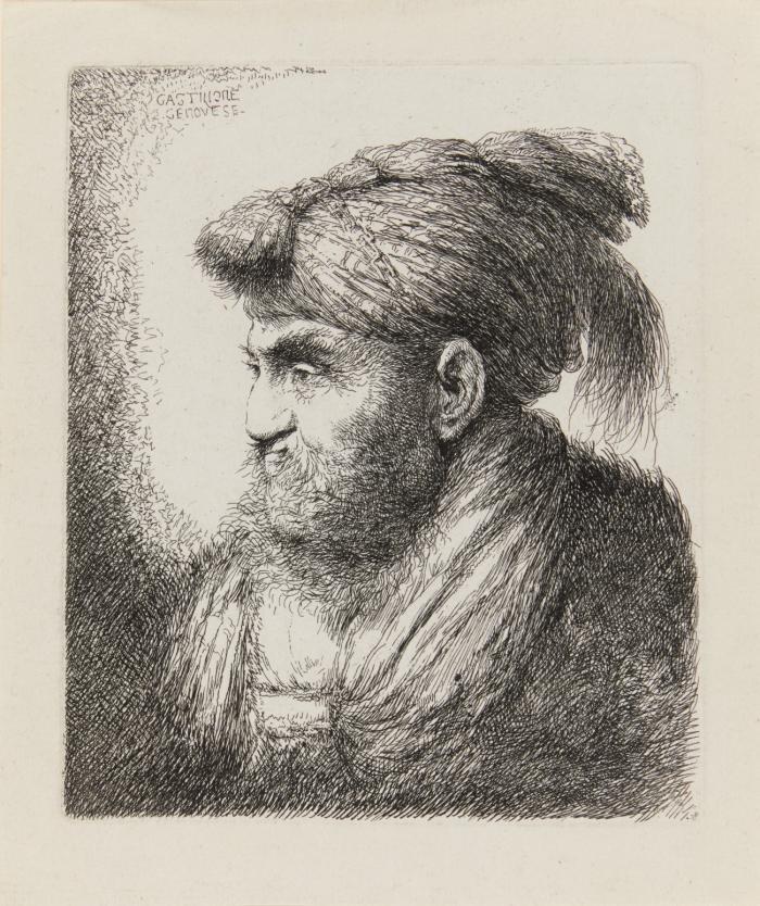 Mann mit langem Bart und pelzbesetzter Kappe, im Profil nach rechts (aus: Kleine Studie von Köpfen mit orientalischem Kopfschmuck). / Mann mit Turban und einem um den Hals gebundenen Tuch, nach links blickend (aus: Kleine Studie von Köpfen mit orientalischem Kopfschmuck). / Mann mit Bart und Schnäuzer mit Quasten geschmücktem Kopfputz, im Profil nach links (aus: Große Studie von Köpfen mit orientalischem Kopfschmuck).
