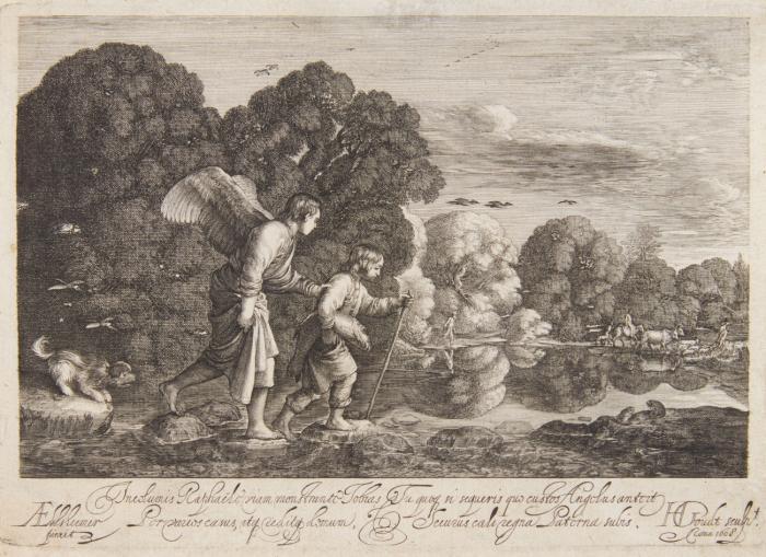 Tobias mit dem Fisch, vom Engel geleitet.