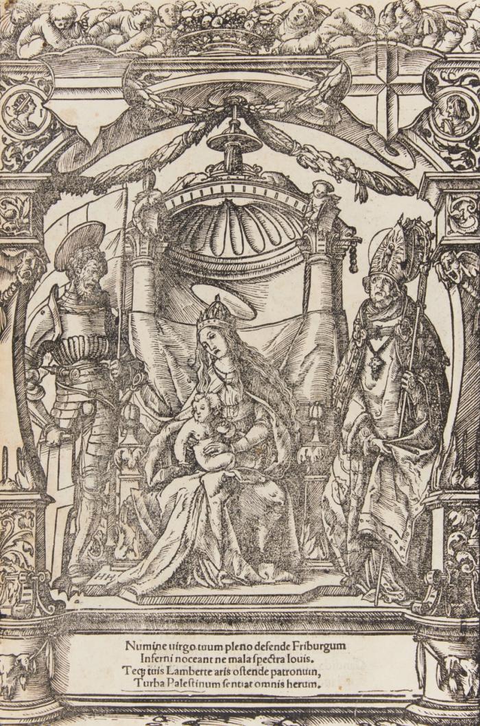 Maria mit Kind, flankiert von St. Georg und St. Lambrecht.