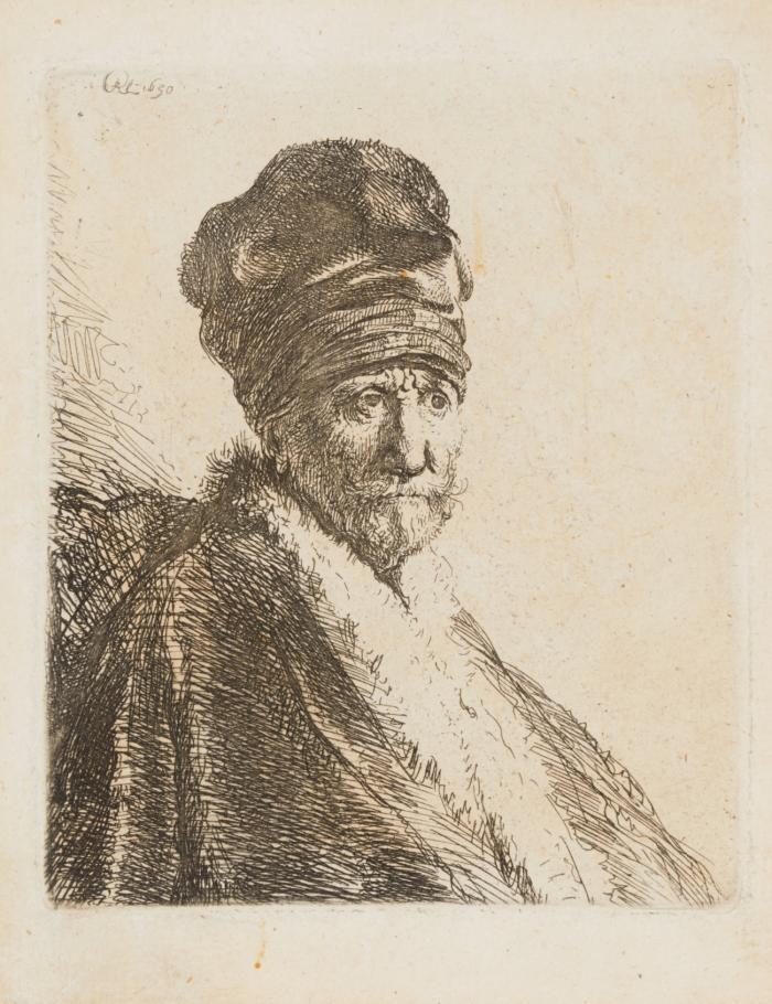Halbfigur eines Mannes mit hoher Mütze.