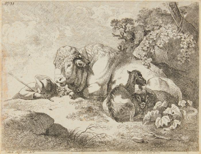 Schlummernder Hirt, Stier, Ziege und Schaf.