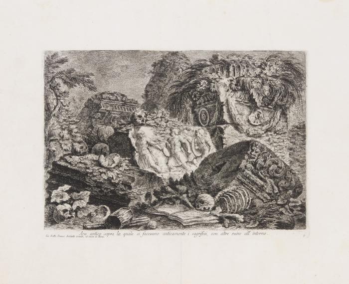 Ara antica sopra la quale si facevano anticamente i sagrifizi, con altre ruine all'intorno (aus: Prima Parte di Architetture).