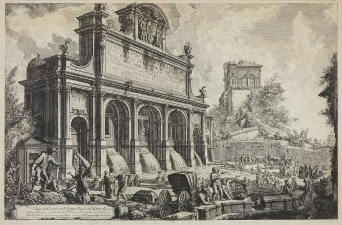 Veduta del Castello dell' Acqua Paola sul Monte Aureo (Blick  auf die Fontana Paolo von der Via Garibaldi).
