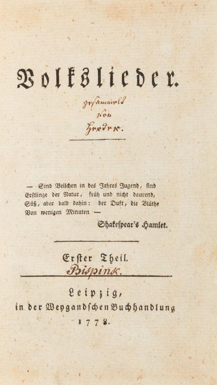 Volkslieder. Zwei Tle. in 2 Bden. (2. Teil: Nebst untermischten andern Stücken).