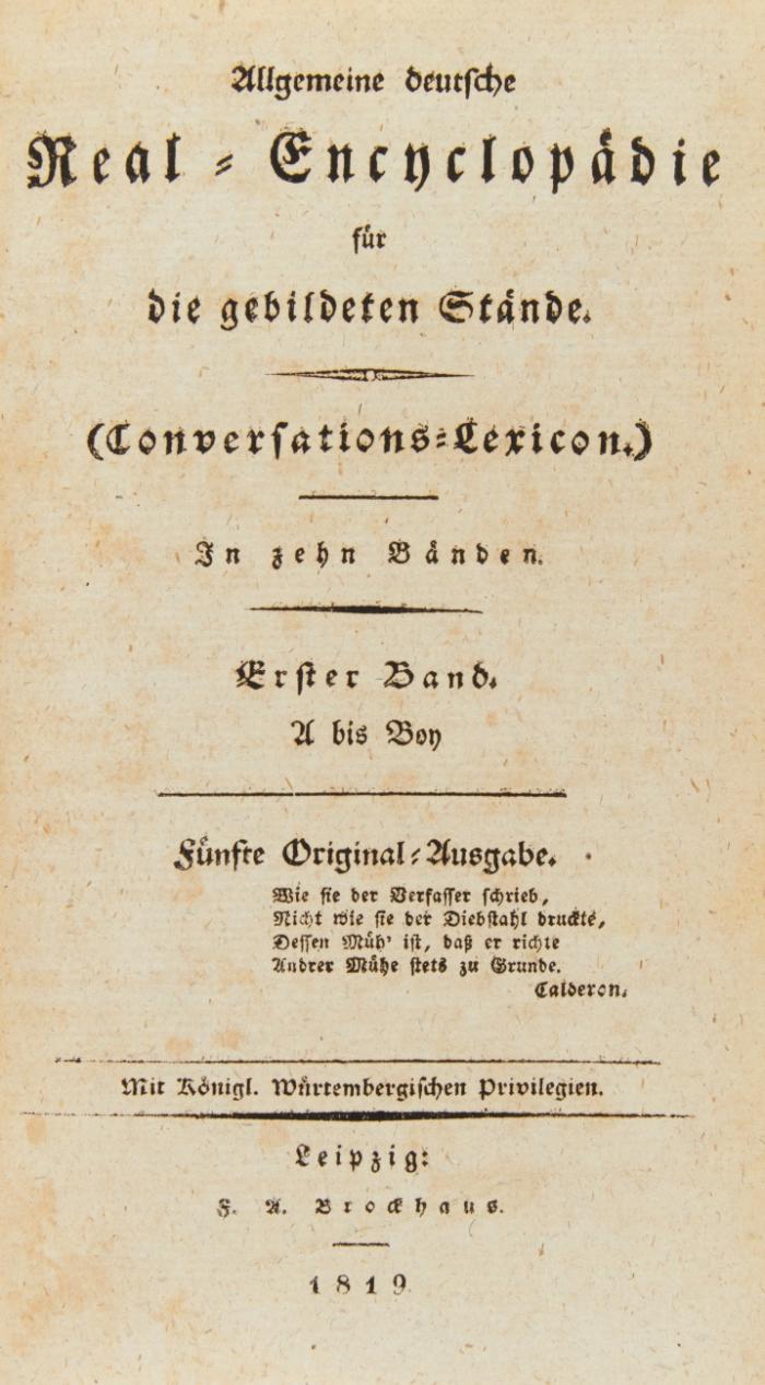 Allgemeine deutsche Real-Encyclopädie für die gebildeten Stände. (Conversations-Lexicon). Fünfte Original-Ausgabe. 10 Bde. Dazu: Conversations-Lexicon. Neue Folge. 4 Bde.