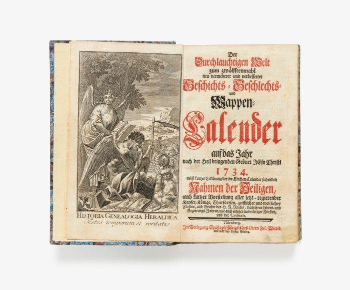 Der durchlauchtigen Welt zum zwölfftenmahl neu vermehrter und verbesserter, auf das Jahr ... 1734. nebst kurtzer Erklärung der im Kirchen-Calender stehenden Nahmen der Heiligen, auch kurtzer Vorstellung aller jetzt - regierender Kayser, Könige, Churfürsten ...