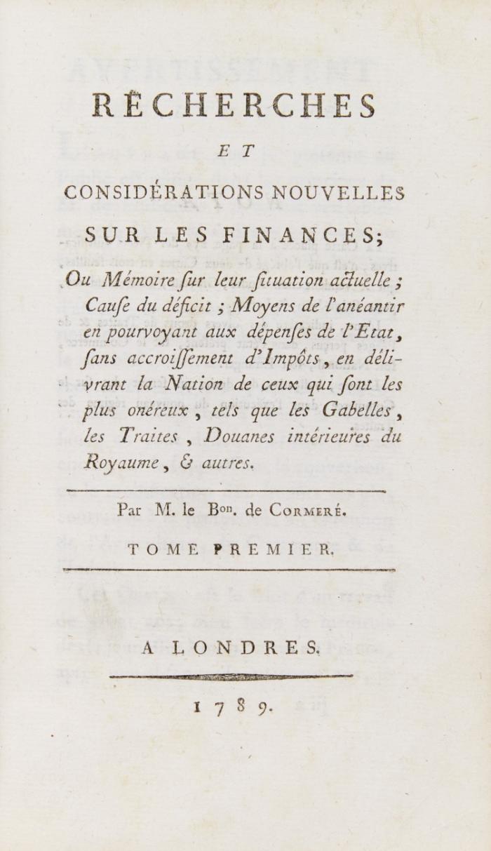 Recherches et considérations nouvelles sur les finances, ou Mémoire sur leur situation actuelle, ... 2 Bde.