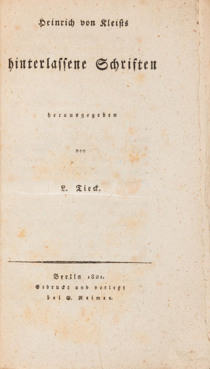Hinterlassene Schriften, herausgegeben von L. Tieck.