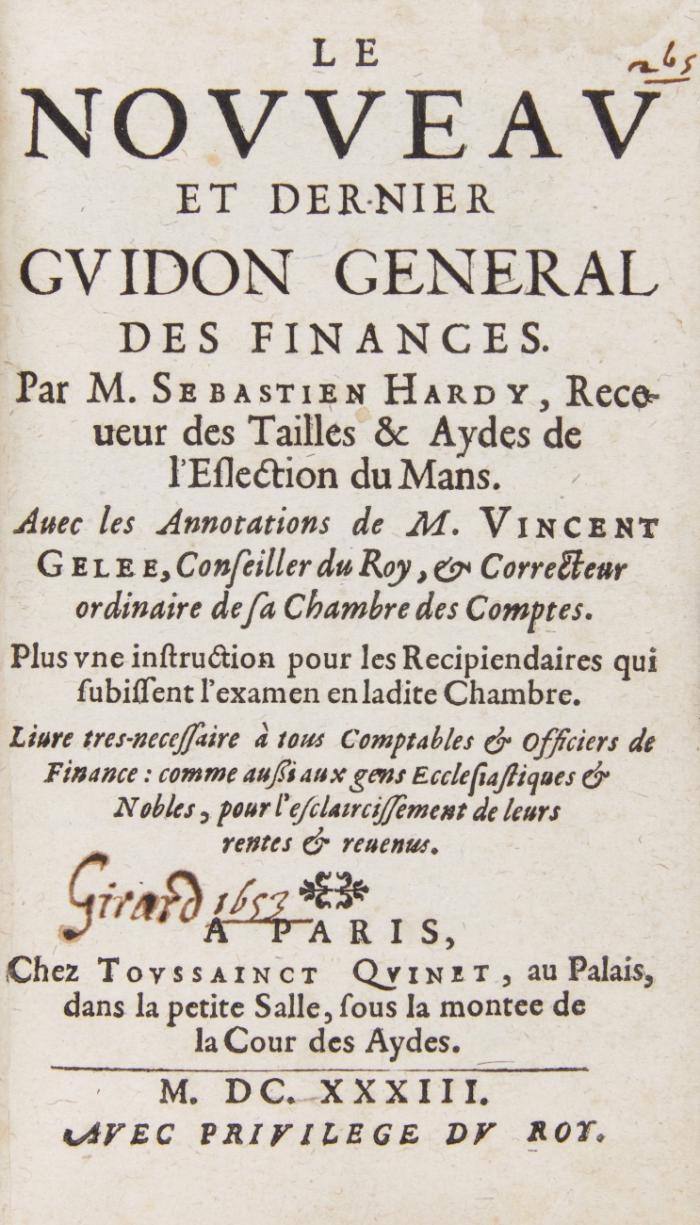 Le Nouveau et dernier guidon général des finances. Avec les annotations de M. Vincent Gelée.
