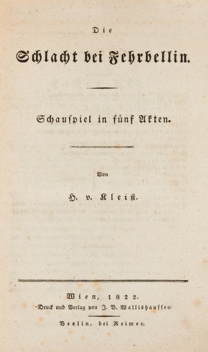 Die Schlacht bei Fehrbellin. Schauspiel in fünf Akten.