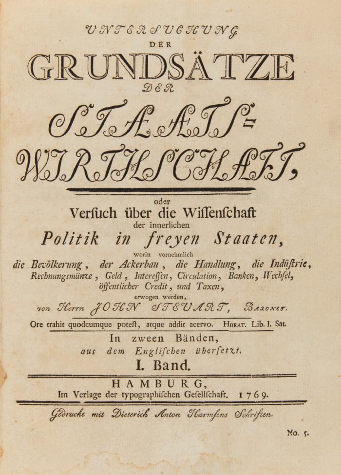 Untersuchung der Grundsätze der Staatswirthschaft oder Versuch über die Wissenschaft der innerlichen Politik in freyen Staaten, worin vornehmlich die Bevölkerung, der Ackerbau, die Handlung, die Indüstrie, Rechnungsmünze, Geld, Interessen, Circulation, Banken, Wechsel, öffentlicher Kredit, und Taxen, erwogen werden. Aus dem Englischen übersetzt. 2 Bde.