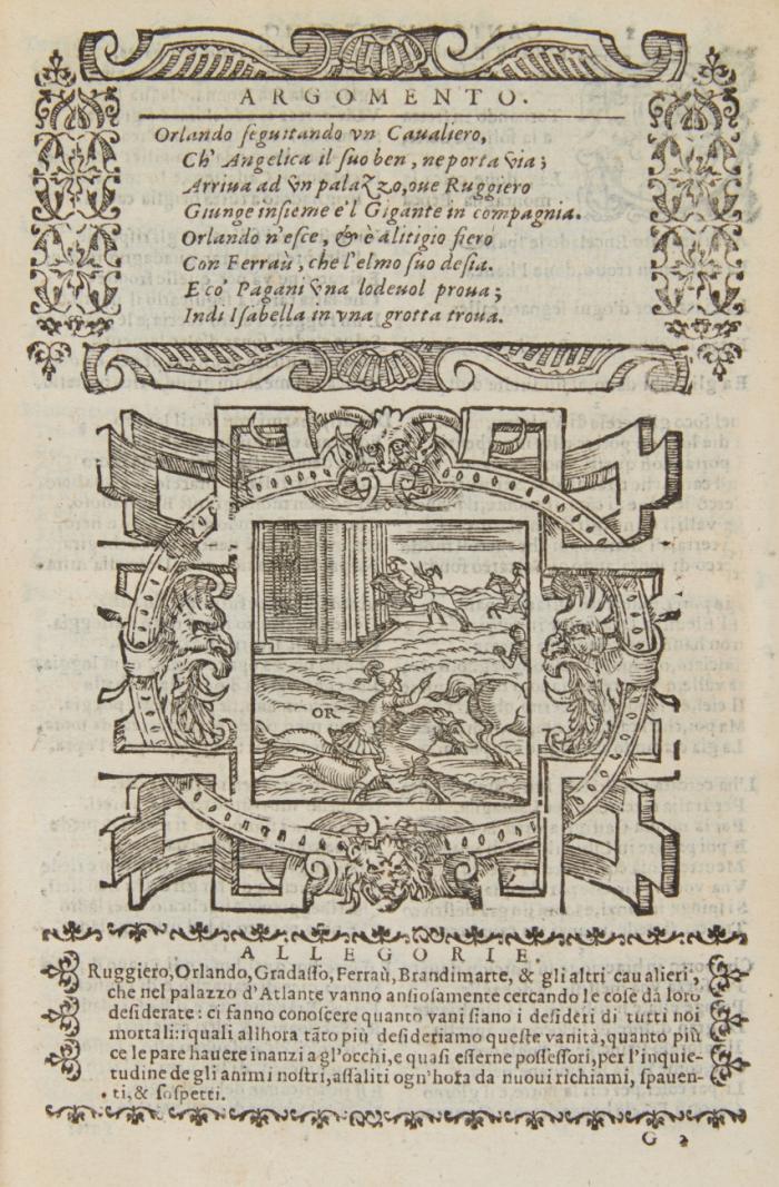 Orlando Furioso. Con gli Argomenti in ottaua Rima di Lodouico Dolce, et con le Allegorie à ciascun Canto, di Thomaso Porcacci da Castiglione Aretino.