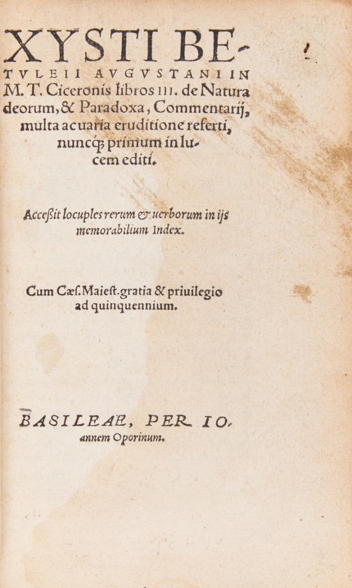 In M.T. Ciceronis libros III. de Natura deorum,& Paradoxa, Commentarij, multa acuaria eruditione referti, nuncque primum in lucem editi. Acceßit locuples rerum et uerborum in ijs memorabilium Index. 2 Bde. in 1.