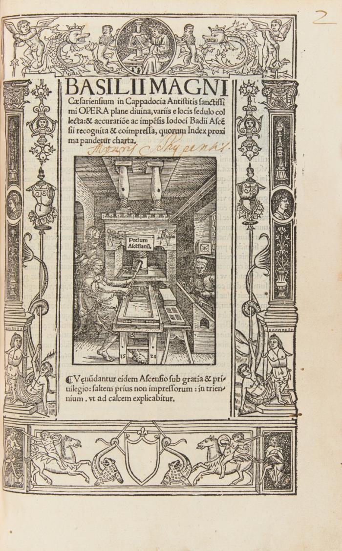 Lucubrationes quotquot extant, olim per Des. Erasmum Rot. ...  emendatae, nunc denuo recognitae. Angebunden: Basilius Magnus: Opera plane divina, variis e locis sedulo collecta ... [Paris]: J. Badius 1520. Mit Titelholzschnitt-Druckermarke, Titelholzschnitt-Einfassung und einigen Holzschnitt-Initialen. 10 Bll., CLXXVIII Bll.