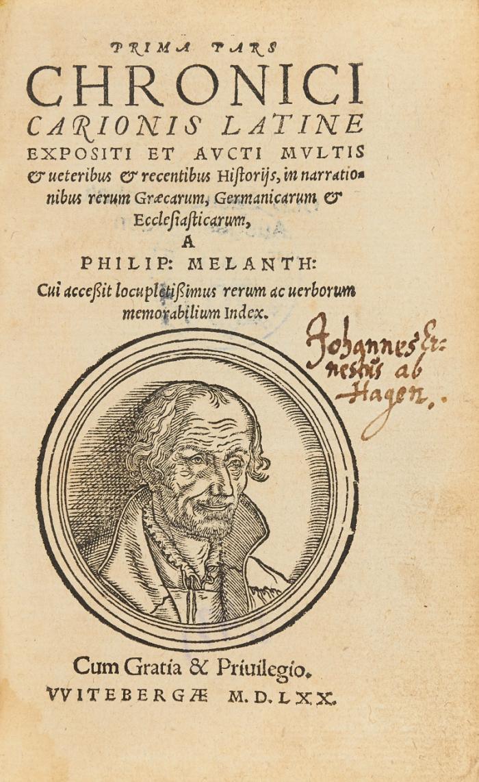 Prima (Secunda) pars chronici Carionis Latine expositi et aucti multis & ueteribus et recentibus historijs, in narrationibus rerum Graecarum, Germanicarum et  Ecclesiasticarum.