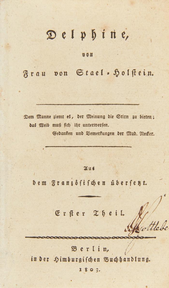 Delphine. Aus dem Französischen übersetzt. 5 Tle. in 2 Bden.