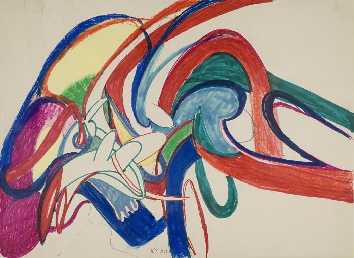 Hans Matthäus Bachmayer. Ohne Titel. 1968. Collage, Kreiden und farbige Filzstifte. Signiert.