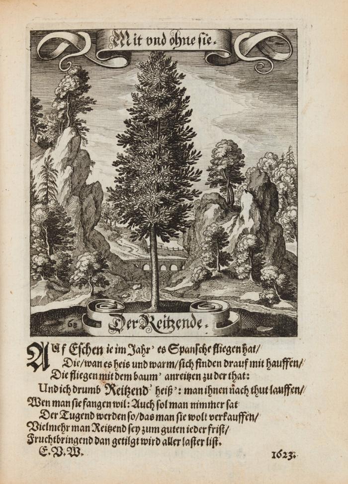 Der Fruchtbringenden Geselschaft Nahmen, Vorhaben, Gemählde und Wörter: Nach jedes Einnahme ordentlich in Kupfer gestochen, und in achtzeilige Reimgesetze verfasset. Das Erste (-Vierdte) Hundert. 4 Tle. in 1 Bd.