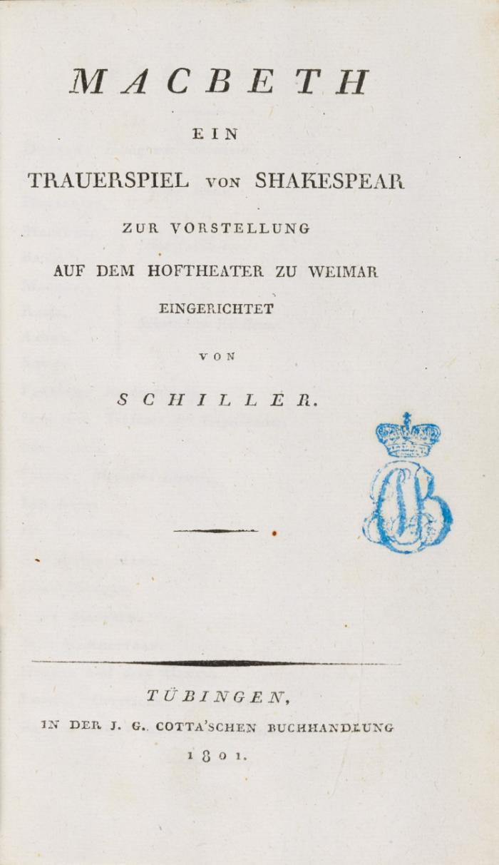 Macbeth. Ein Trauerspiel von Shakespear zur Vorstellung auf dem Hoftheater zu Weimar eingerichtet.