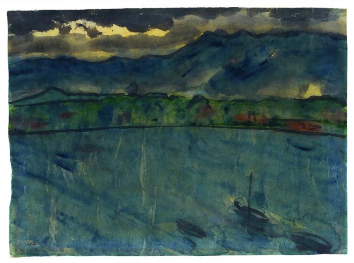 SEE MIT BOOT VOR EINER LANDSCHAFT