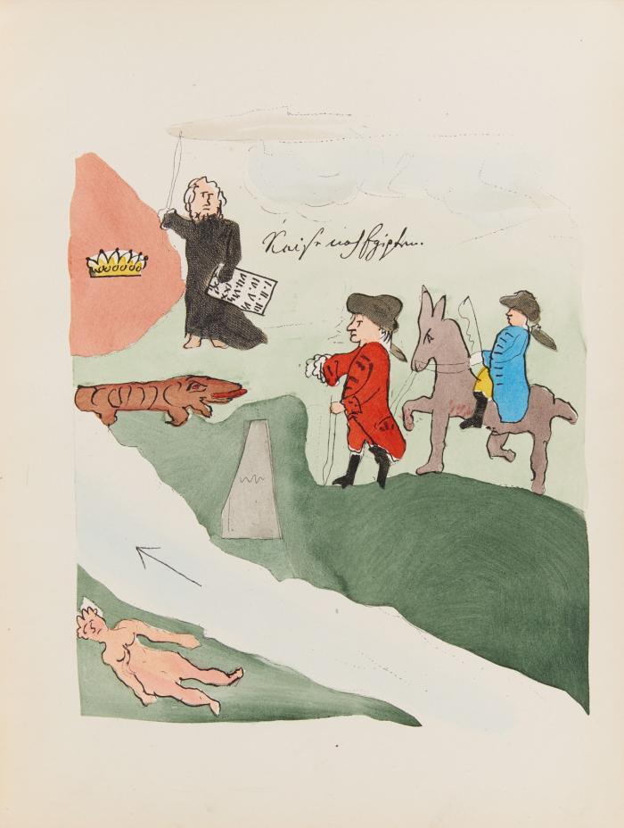 Humoristische Zeichnungen Schillers. Avanturen des neuen Telemachs oder Leben und Exsertionen Koerners des decenten, consequenten, piquanten etc. von Hogarth (Friedrich von Schiller) in schönen illuminierten Kupfern abgefaßt und mit befriedigenden Erklärungen versehen von Winkelmann (L. F. Huber). Rom 1786. Nach den Original-Zeichnungen Friedrich von Schillers und der Original-Handschrift L. F. Hubers im Einverständnisse mit deren Familien zum ersten Male herausgegeben von Carl Künzel.