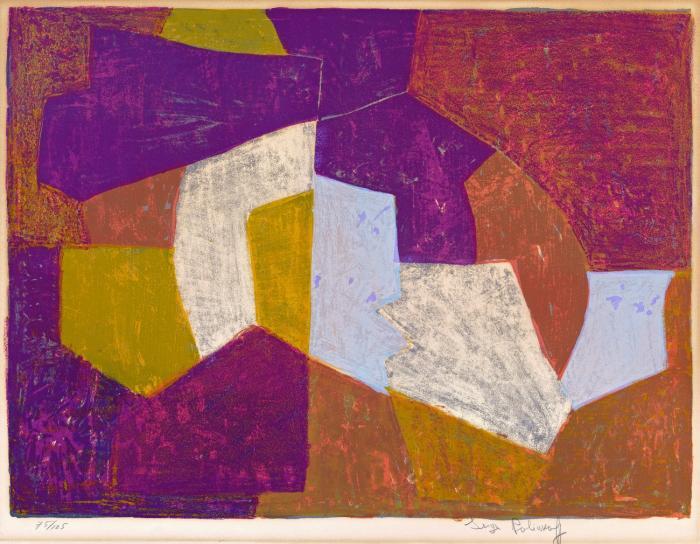 COMPOSITION CARMIN, BRUNE, JAUNE ET GRISE