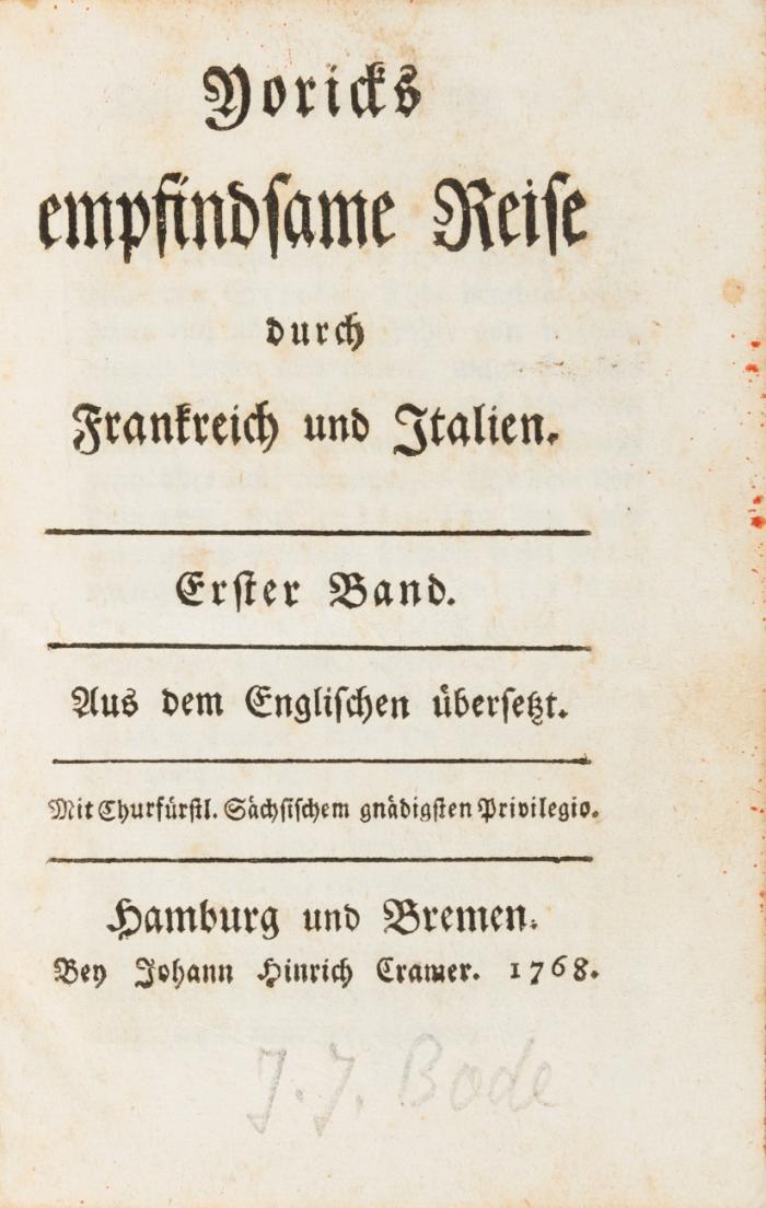 Yoricks empfindsame Reise durch Frankreich und Italien. Aus dem Englischen übersetzt [von J. J. Bode]. 4 Bde.