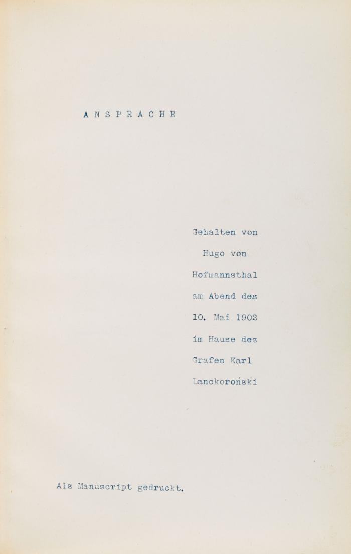 Ansprache, gehalten am Abend des 10. Mai 1902 im Hause des Grafen Lanckoronski.