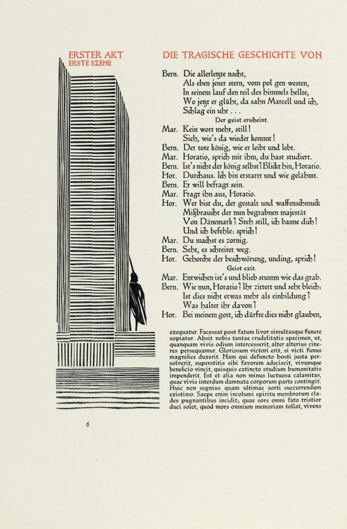 Die tragische Geschichte von Hamlet Prinzen von Dänemark, in deutscher Sprache. Neu übersetzt und eingerichtet von Gerhart Hauptmann, begleitet von Auszügen die den Geschichten von Saxo Grammaticus und François de Belleforest und der Hystorie of Hamlet entnommen sind. Mit Figurinen und Holzschnitten  gezeichnet und geschnitten von Edward Gordon Craig.
