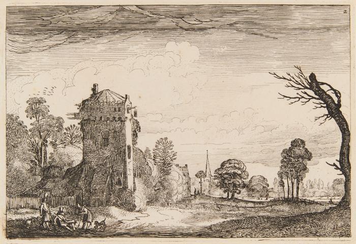 Ansicht mit Turm und Kirchturm in der Ferne.