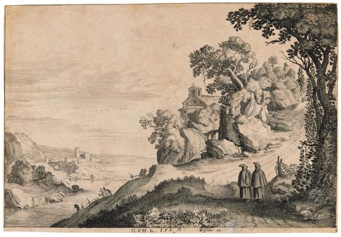 Flusslandschaft mit zwei Mönchen auf einer Straße nahe einer Kapelle.