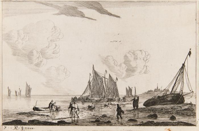 Strandszene mit Zweimaster und gestrandeten Fischerbooten.