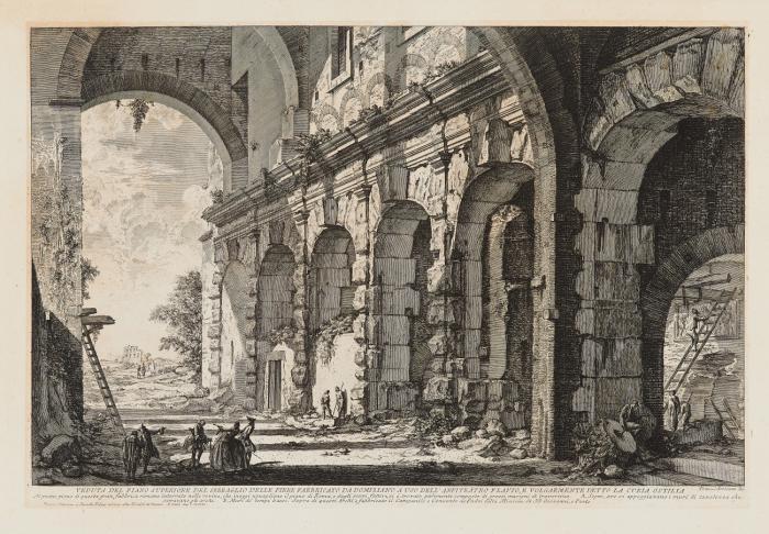 Veduta del Piano superiore del serraglio delle fiere fabbricato da Domiziano a uso dell' Anfiteatro Flavio, e volgarmente detto la Curia Ostilia (Substruktionen des Claudius-Tempels bei S. Giovanni e Paolo).