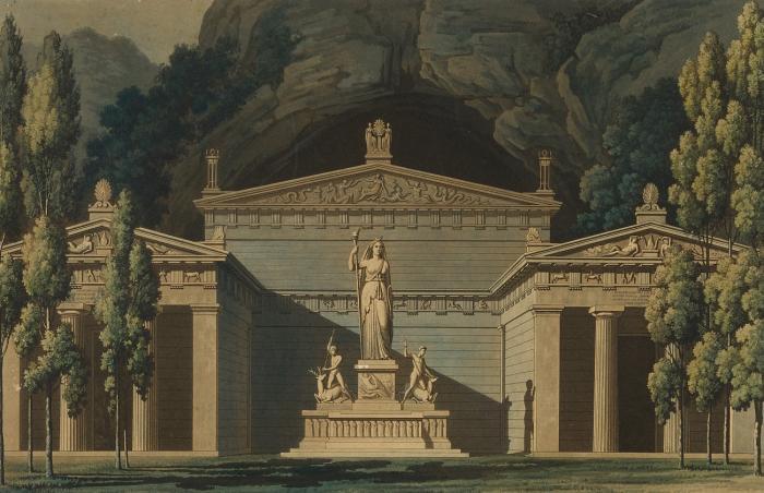 Ein Platz innerhalb der Mauern des Tempels der Diana (Bühnenentwurf: Olimpia, IV. Dekoration).