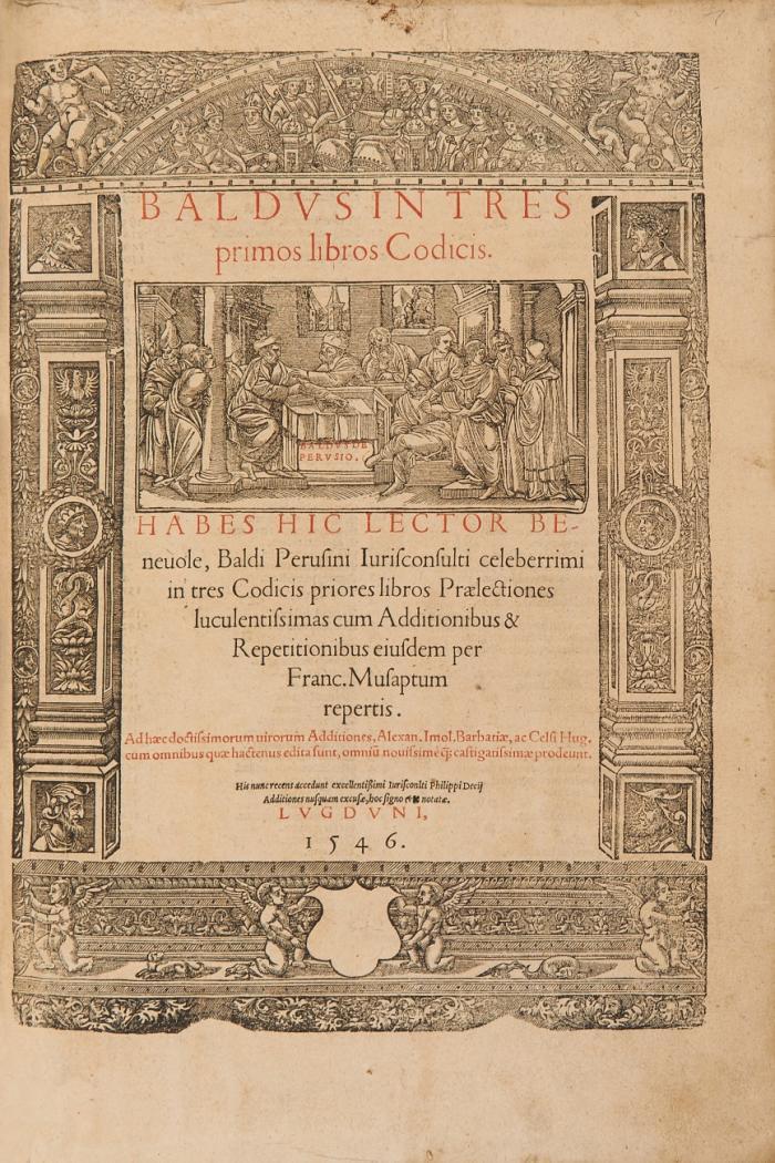 Kommentare zu den 9 Büchern des Codex Justinianus. Add. F. Musapus, Alex. de Imola, A. Barbatius, C. H. Descousu u F. Decio. 5 in 2 Bden.
