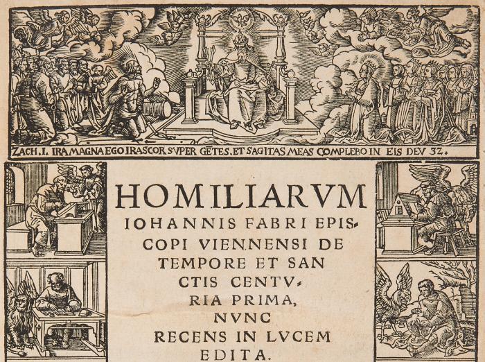 Homiliarum de tempore et sanctis centuria prima, nunc recens in lucem edita. Eiusdem Viennensis episcopi declamationes de miseria vitae humanae. Angebunden: Sonnius, Franciscus [d. i. Franz van der Velde]:  Demonstrationum religionis christianae ex verbo dei libri tres. Köln: J. Soter 1563. Mit Hz.-Druckermarke. 8 Bll., 260 SS.
