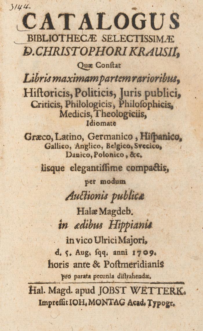 Catalogus bibliothecae selectissimae D. Christophori Krausii quae constat libris maximam partem rarioribus
