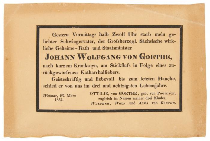 Todesanzeige vom 23. März 1832, im Namen seiner Schwiegertochter Ottilie von Goethe und ihrer drei Kinder Walter, Wolf und Alma.