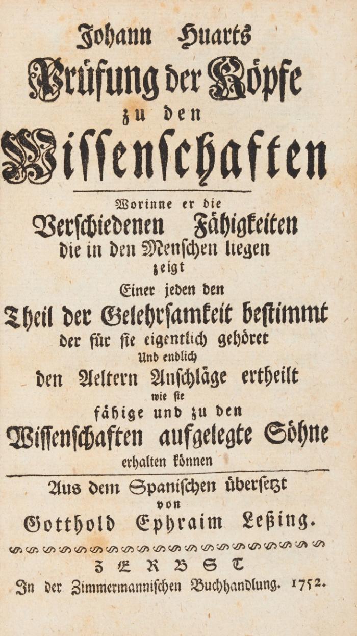 Prüfung der Köpfe zu den Wissenschaften worinne er die verschiedenen Fähigkeiten die den Menschen liegen zeigt.