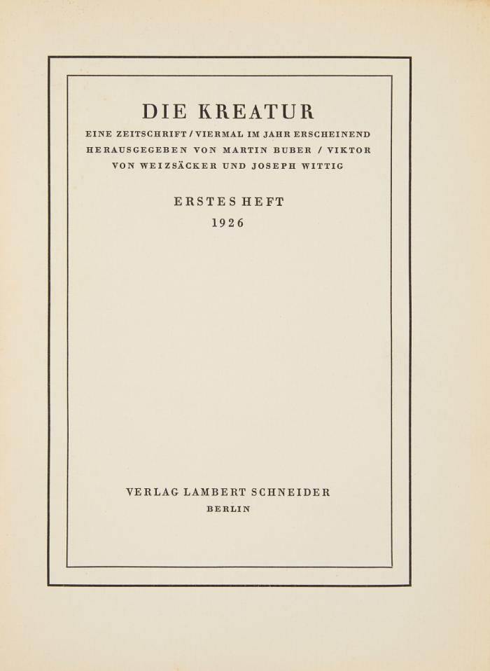 Eine Zeitschrift. Viermal im Jahr erscheinend. Hrsg. von Martin Buber, Joseph Wittig und Viktor von Weizsäcker. Jge. 1-3 in 12 Heften. (=alles).