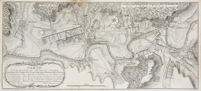 Camps topographiques de la campagne de MDCCLVII, en Westphalie: Commoncée par Mr. le Maréchal d' Estrées, continuée par Mr. le Duc Richelieu, & finie par Mgr. le Comte de Clermont. Avec le journal de ses operations ... gravés  sus la direction du Sr. van der Schley ...
