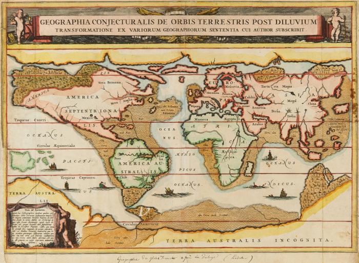 Weltkarte. – Geographie Conjecturalis de Orbis Terrestris Post Diluvium ... Fiktive Weltkarte nach der Sintflut.