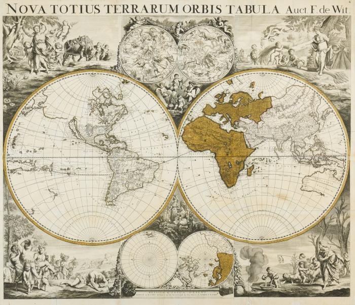 Weltkarte. – Nova totius terrarum orbis tabula Auct. F. de Wit. Hemisphärenkarte mit allegorischen Darstellungen der vier Jahreszeiten in den Ecken, zwei kleinen Himmelskarten der nördlichen und südlichen Hemisphäre oben mittig und den Darstellungen der beiden Pole unten mittig.