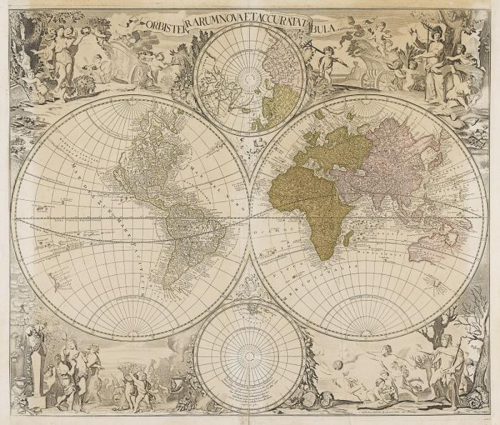 Weltkarte. Orbis terrarum nova et accurata tabula, in zwei Hemisphären und mit zwei Polkarten, in den Ecken allegorische Darstellung der vier Jahreszeiten.