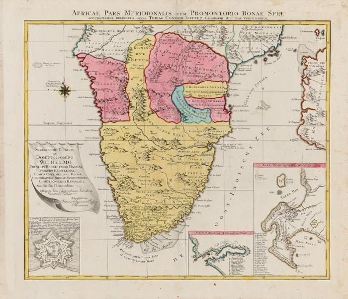 Südafrika. Africae Pars Meridionalis, mit 3 Insetkarten von der Kap-Halbinsel mit Robben Island, Saldanha Bay und dem Castle of Good Hope.